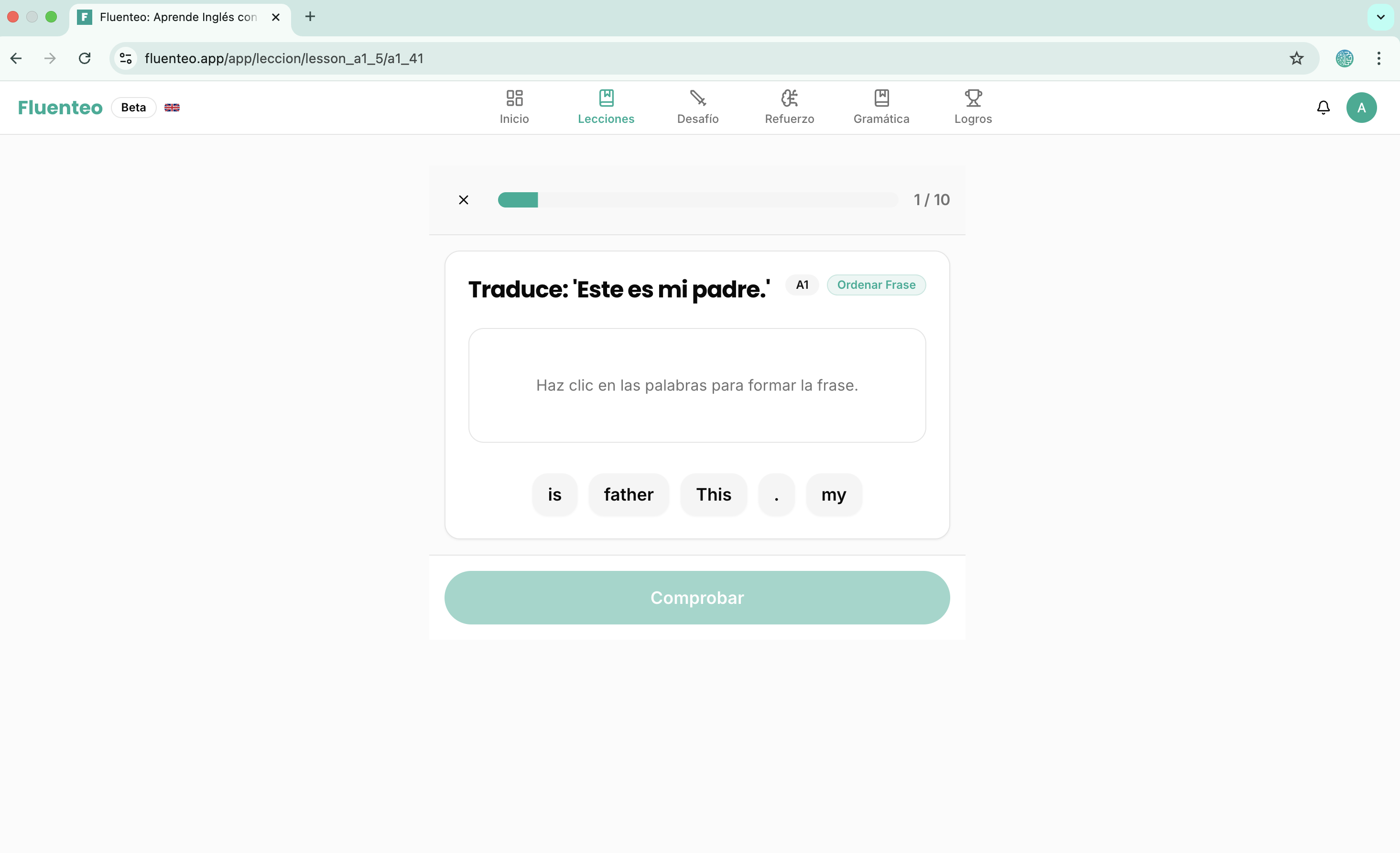 Ejercicio de gramática en Fluenteo